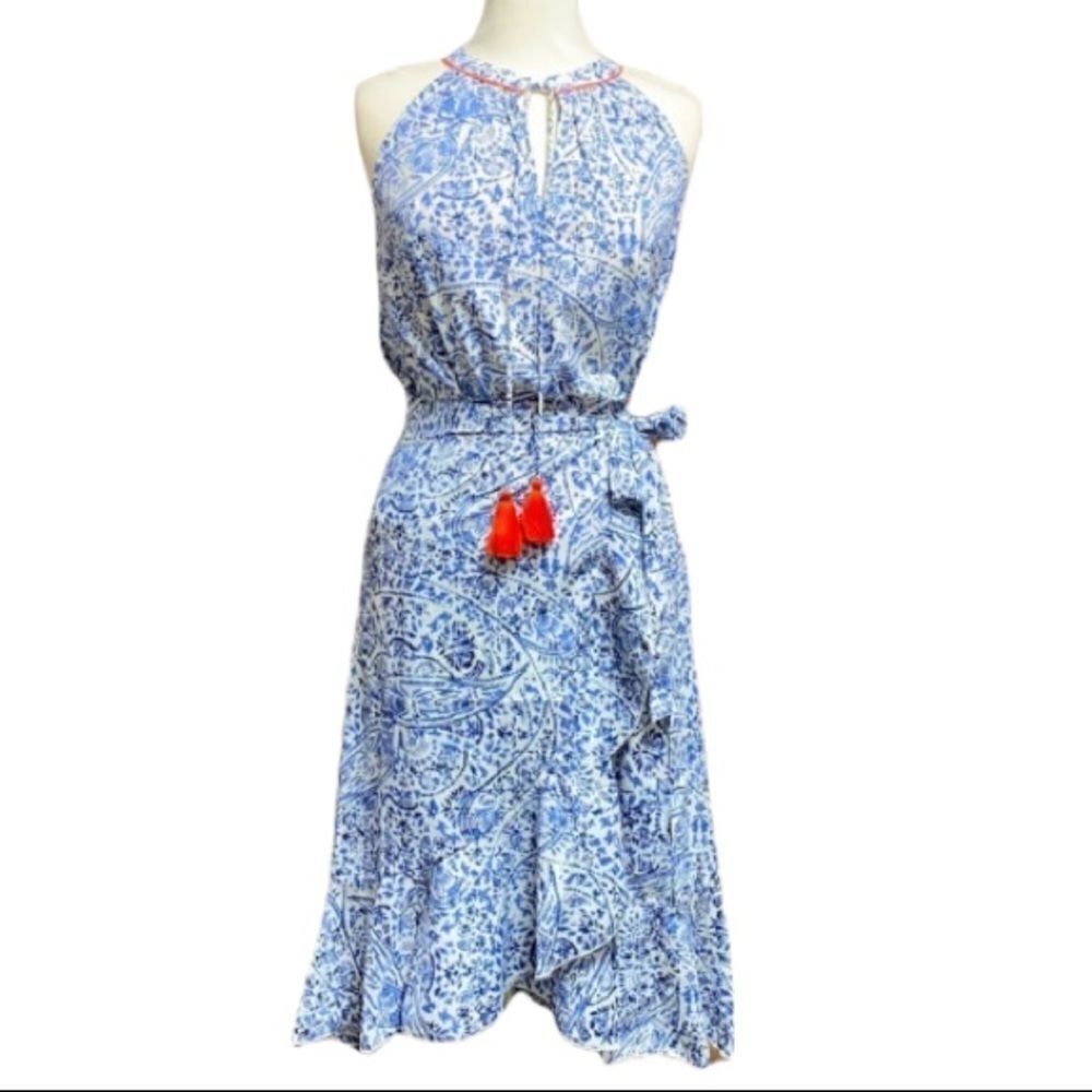 THMLโBlueย PrintedโHalterโTopโ&โWrapโSkirtโSet